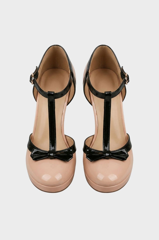 Nude Women's Mary Jane Pumps with T-Bar and Bow – Patent Finish