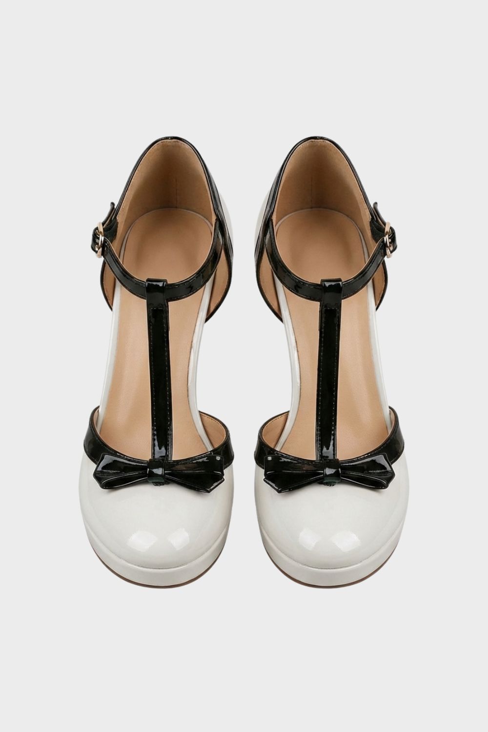 Nude Women's Mary Jane Pumps with T-Bar and Bow – Patent Finish
