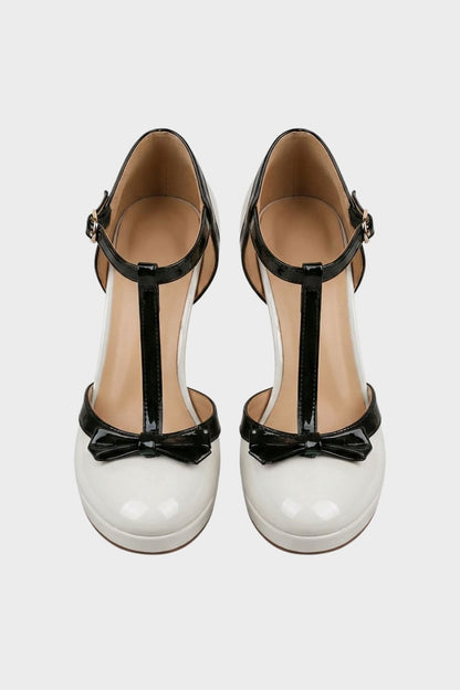 Nude Women's Mary Jane Pumps with T-Bar and Bow – Patent Finish