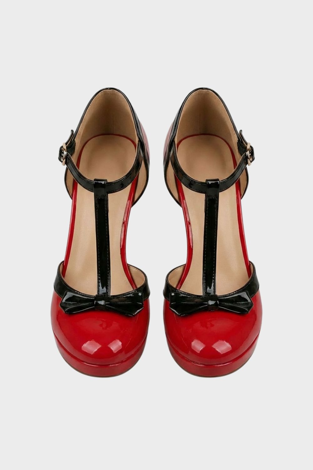 Nude Women's Mary Jane Pumps with T-Bar and Bow – Patent Finish