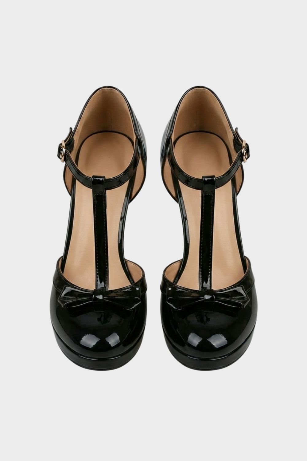 Nude Women's Mary Jane Pumps with T-Bar and Bow – Patent Finish