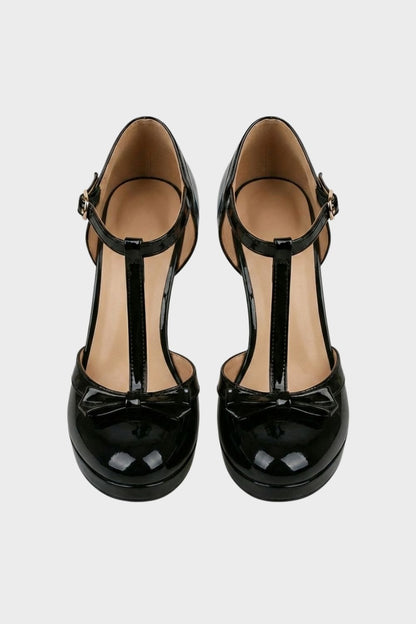 Nude Women's Mary Jane Pumps with T-Bar and Bow – Patent Finish