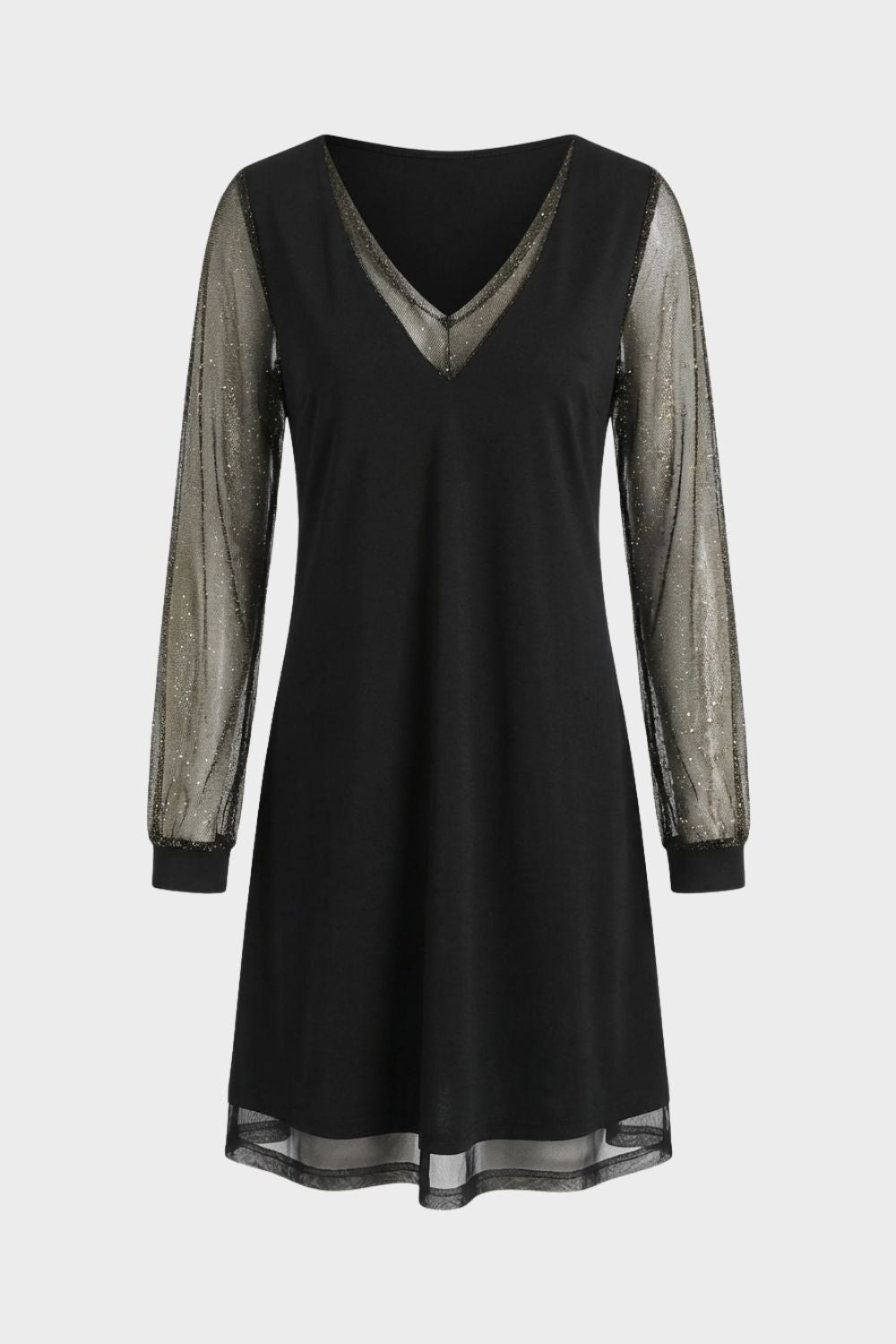 Black A-Line Women's Dress with V-Neck and Glitter Sleeves