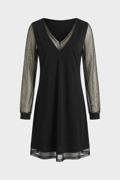 Black A-Line Women's Dress with V-Neck and Glitter Sleeves