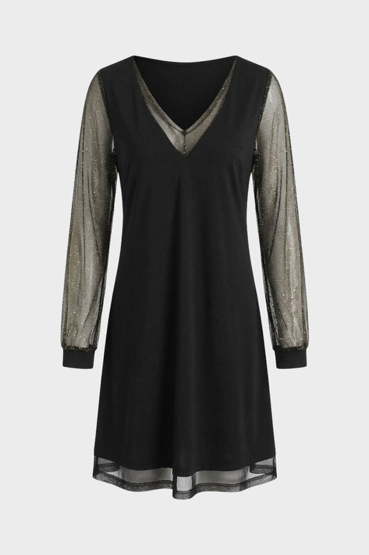 Black A-Line Women's Dress with V-Neck and Glitter Sleeves