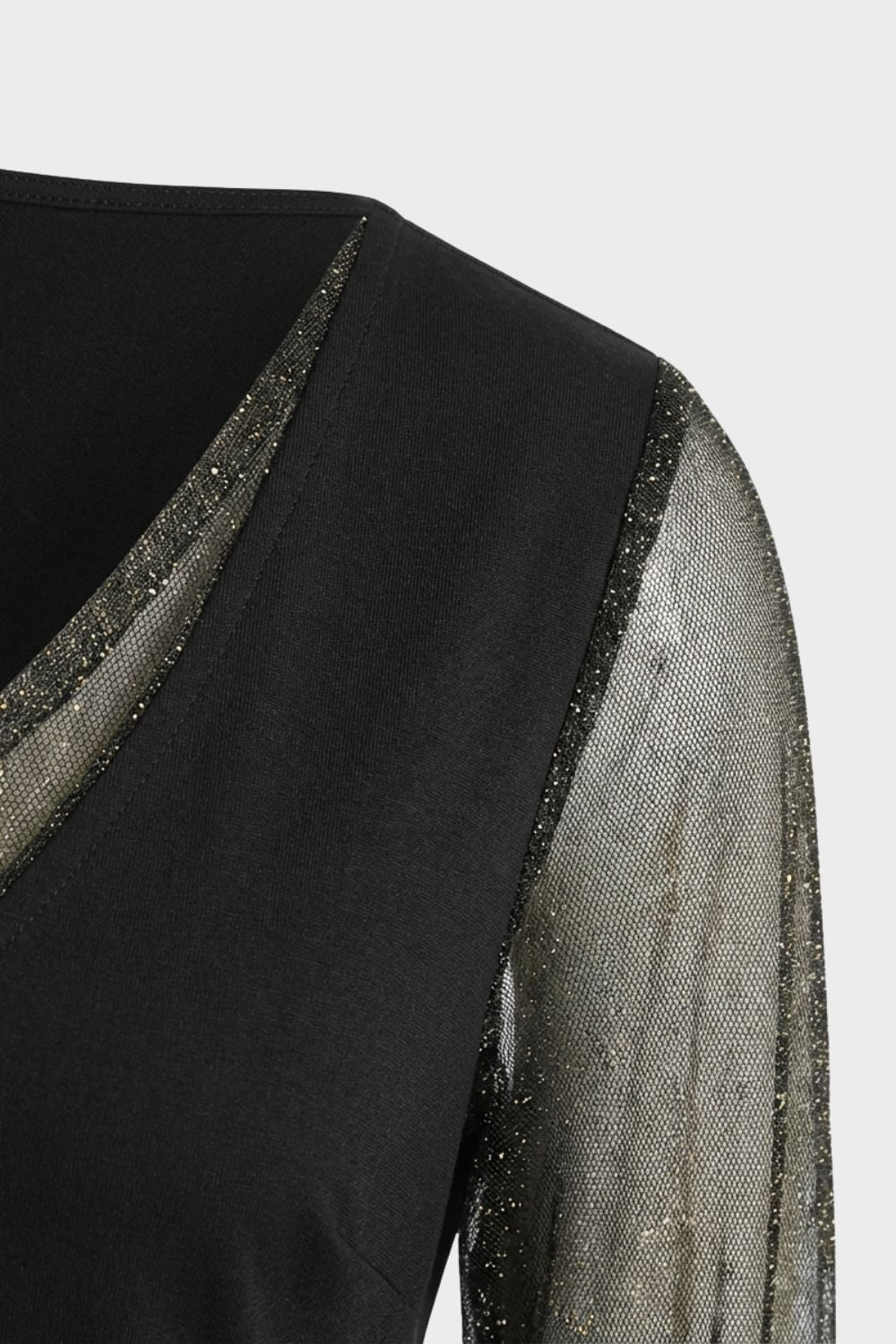 Black A-Line Women's Dress with V-Neck and Glitter Sleeves