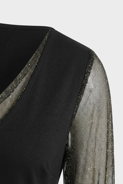 Black A-Line Women's Dress with V-Neck and Glitter Sleeves