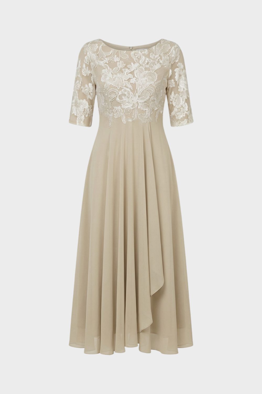 Champagne Women's Chiffon Maxi Dress with Lace Top and 3/4 Sleeves