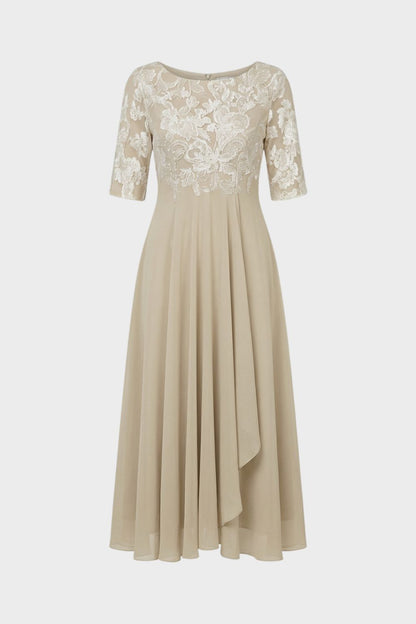 Champagne Women's Chiffon Maxi Dress with Lace Top and 3/4 Sleeves