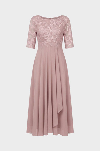 Champagne Women's Chiffon Maxi Dress with Lace Top and 3/4 Sleeves