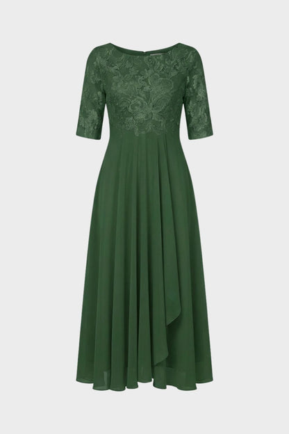 Champagne Women's Chiffon Maxi Dress with Lace Top and 3/4 Sleeves
