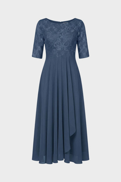 Champagne Women's Chiffon Maxi Dress with Lace Top and 3/4 Sleeves