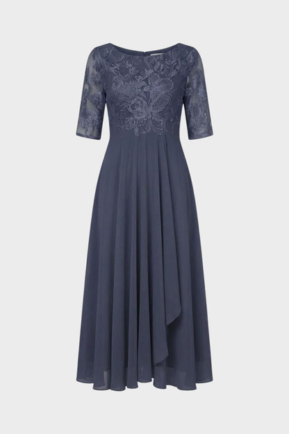 Champagne Women's Chiffon Maxi Dress with Lace Top and 3/4 Sleeves