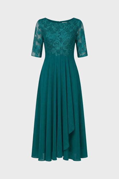 Champagne Women's Chiffon Maxi Dress with Lace Top and 3/4 Sleeves