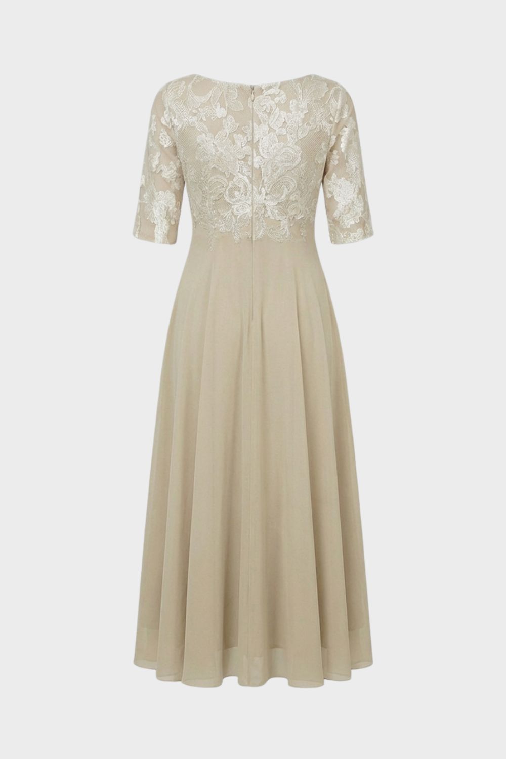 Champagne Women's Chiffon Maxi Dress with Lace Top and 3/4 Sleeves