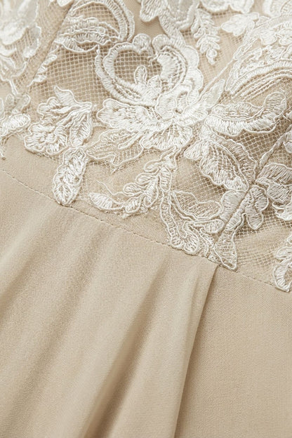 Champagne Women's Chiffon Maxi Dress with Lace Top and 3/4 Sleeves