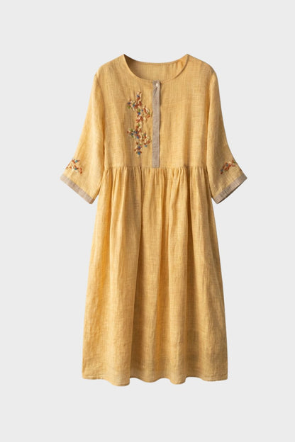 Women's Mustard Yellow Linen Midi Dress with Embroidery and 3/4 Sleeves