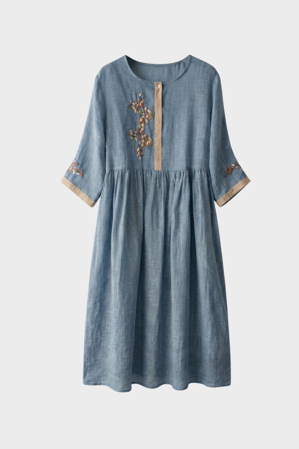 Women's Mustard Yellow Linen Midi Dress with Embroidery and 3/4 Sleeves