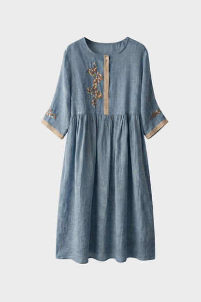 Women's Mustard Yellow Linen Midi Dress with Embroidery and 3/4 Sleeves
