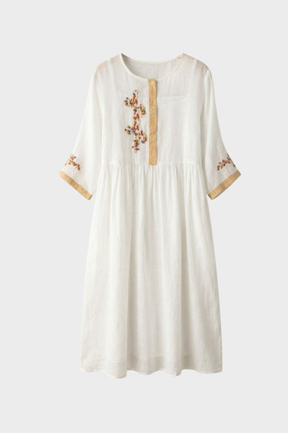 Women's Mustard Yellow Linen Midi Dress with Embroidery and 3/4 Sleeves