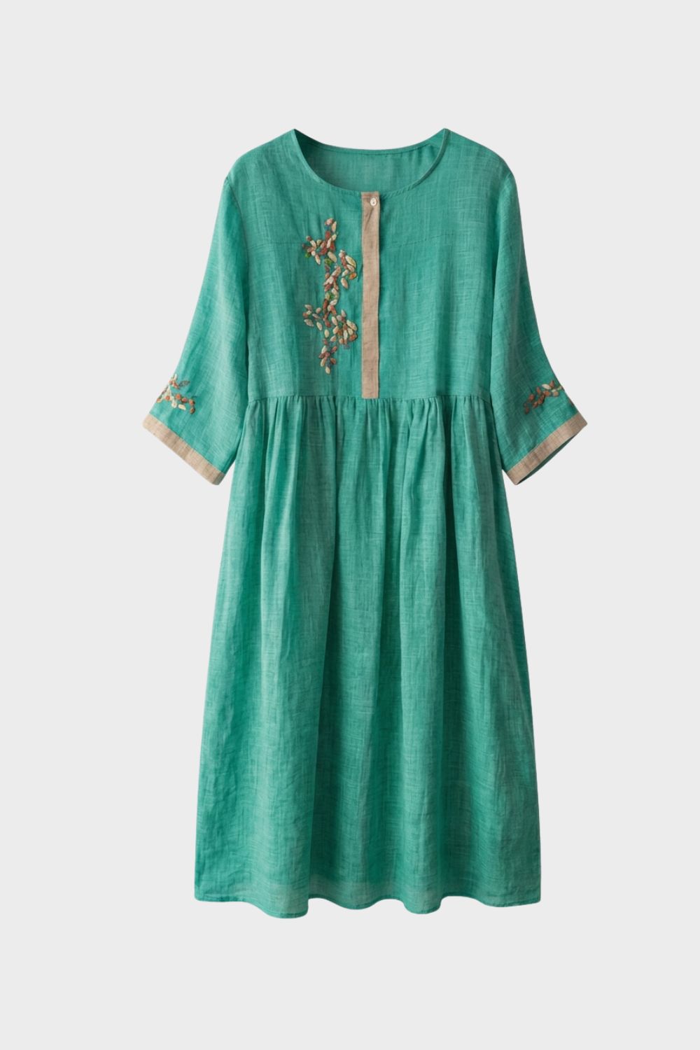 Women's Mustard Yellow Linen Midi Dress with Embroidery and 3/4 Sleeves