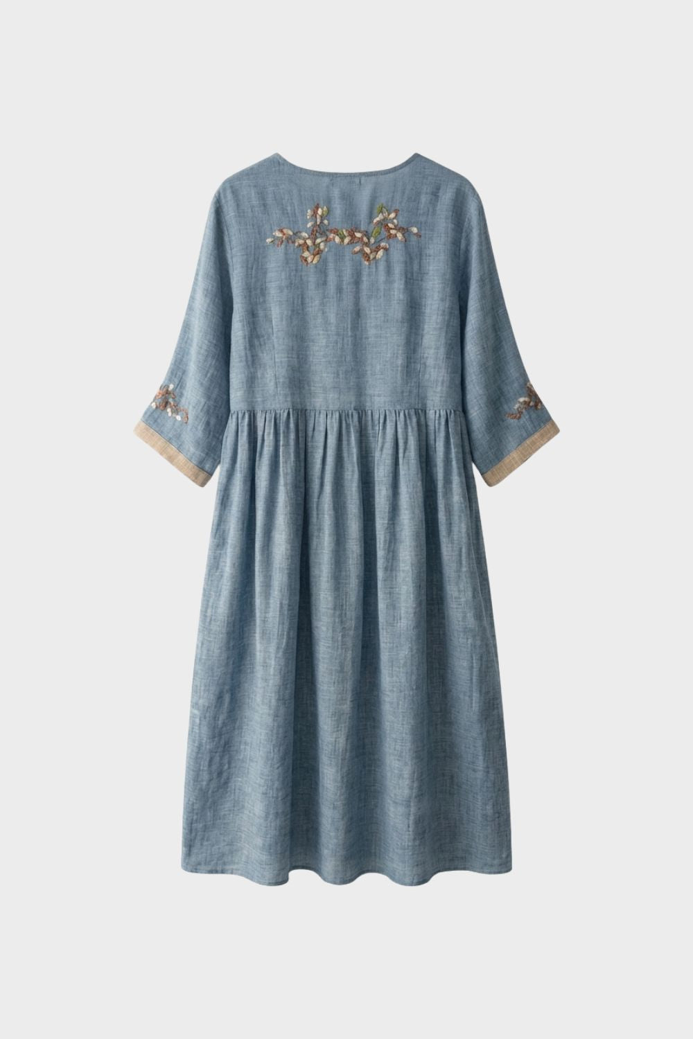 Women's Mustard Yellow Linen Midi Dress with Embroidery and 3/4 Sleeves