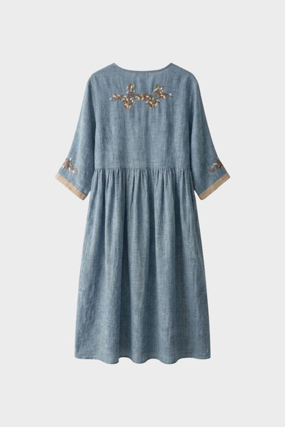 Women's Mustard Yellow Linen Midi Dress with Embroidery and 3/4 Sleeves