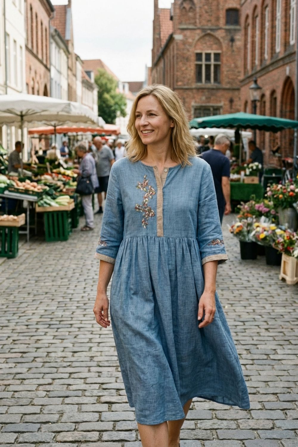 Women's Mustard Yellow Linen Midi Dress with Embroidery and 3/4 Sleeves