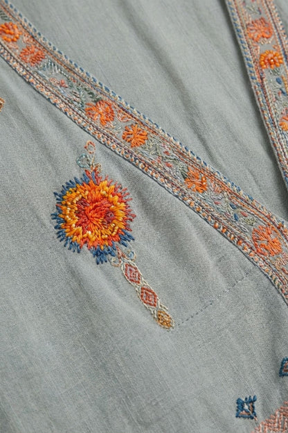Light Blue Women's Boho Blouse with Embroidery and V-Neck