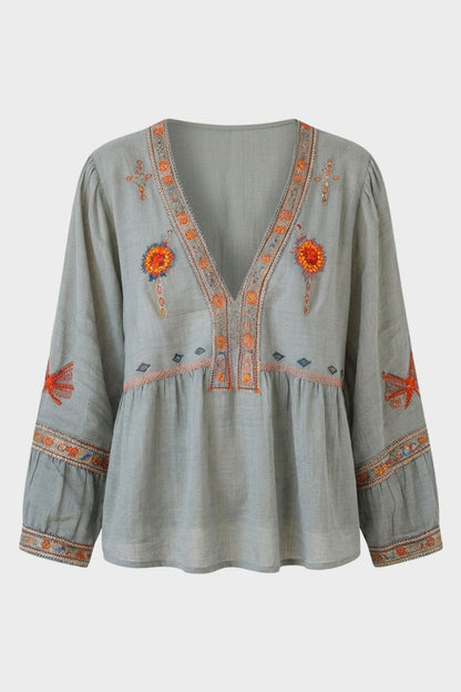 Light Blue Women's Boho Blouse with Embroidery and V-Neck