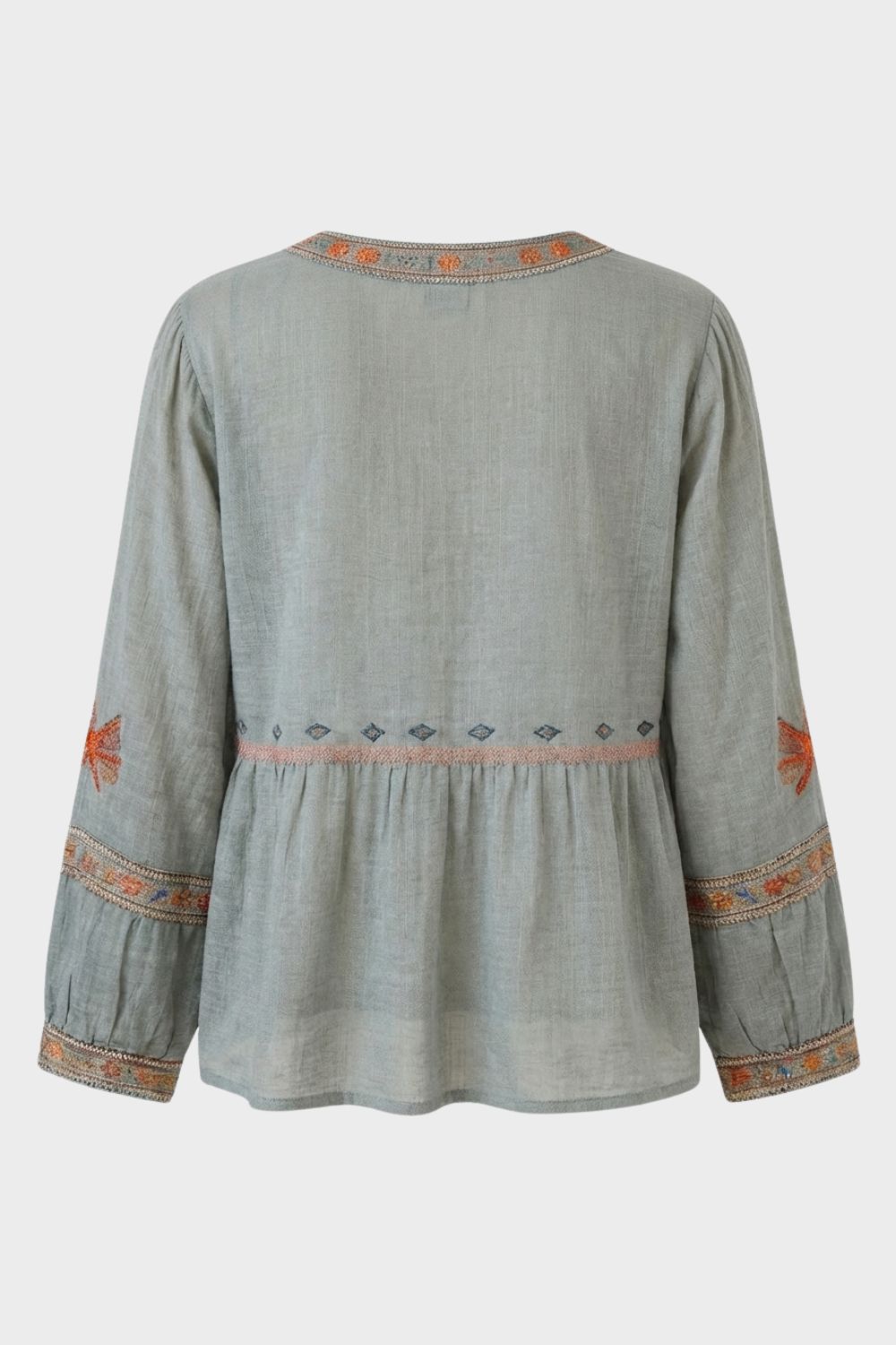 Light Blue Women's Boho Blouse with Embroidery and V-Neck