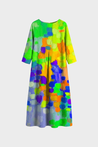 Women's Long Midi Dress with Pattern and Round Neck