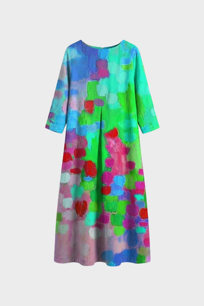 Women's Long Midi Dress with Pattern and Round Neck