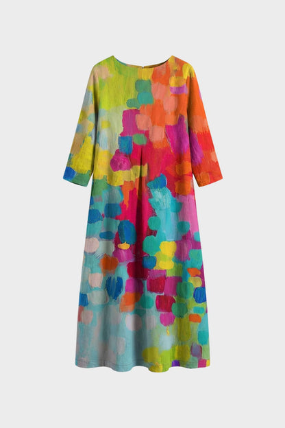 Women's Long Midi Dress with Pattern and Round Neck