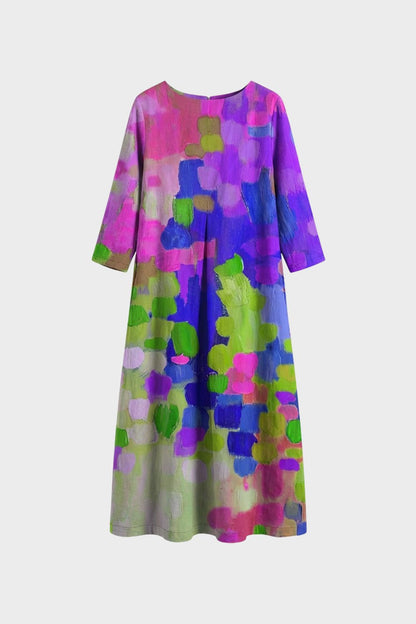 Women's Long Midi Dress with Pattern and Round Neck