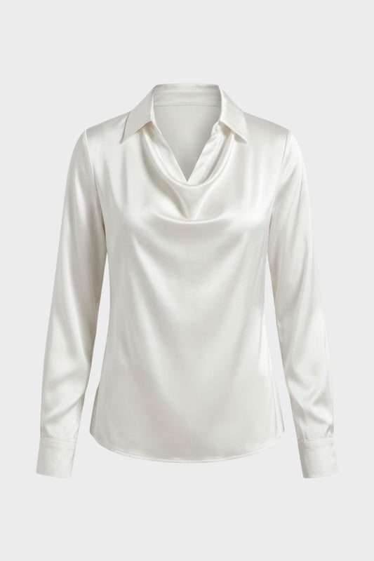 Women's Long Sleeve Waterfall Neck Blouse | Draped Front