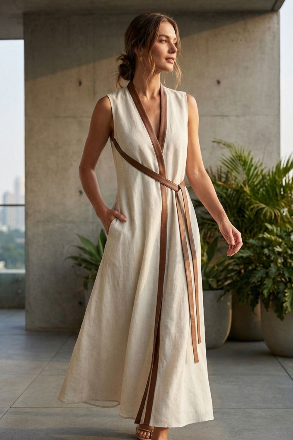 Women's Sleeveless Round Neck Belted Dress | Maxi