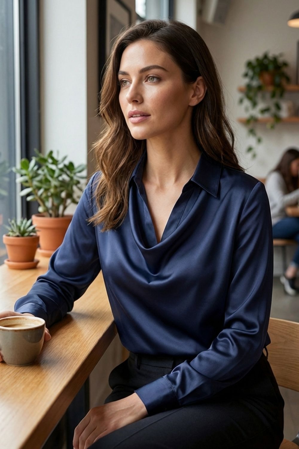 Women's Long Sleeve Waterfall Neck Blouse | Draped Front