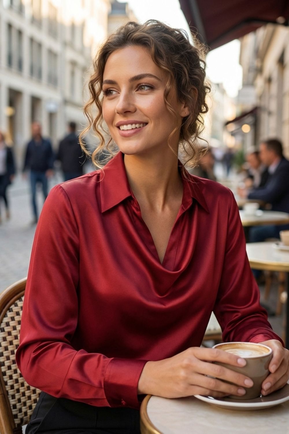 Women's Long Sleeve Waterfall Neck Blouse | Draped Front