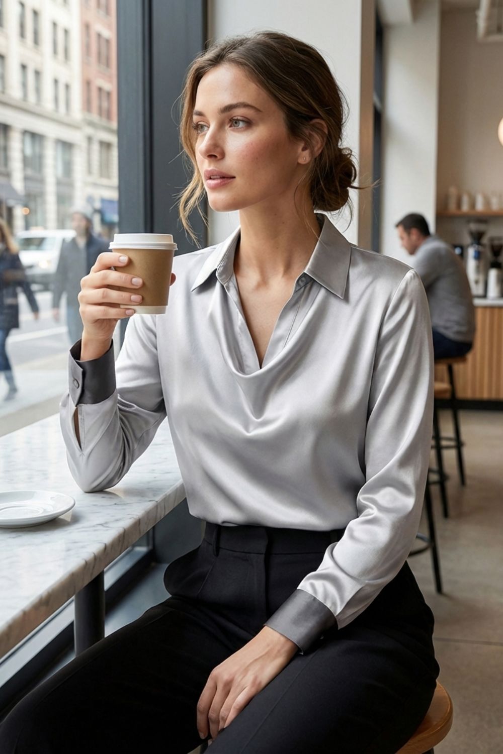 Women's Long Sleeve Waterfall Neck Blouse | Draped Front
