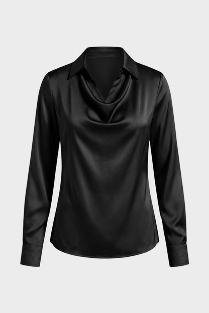 Women's Long Sleeve Waterfall Neck Blouse | Draped Front