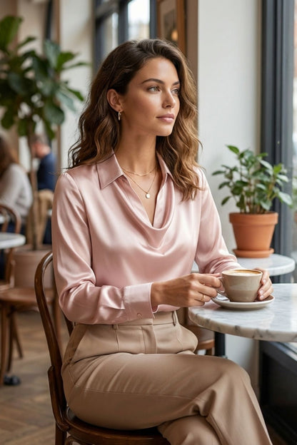Women's Long Sleeve Waterfall Neck Blouse | Draped Front