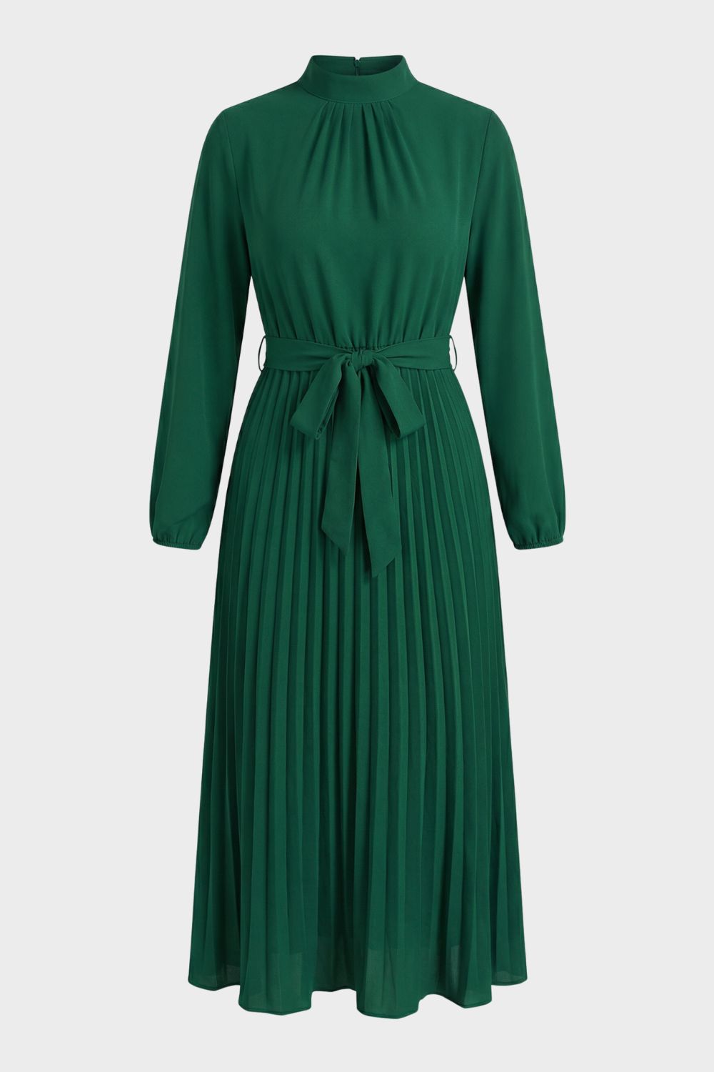 Pleated Midi Dress for Women with Long Sleeves and Belt