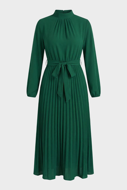 Pleated Midi Dress for Women with Long Sleeves and Belt
