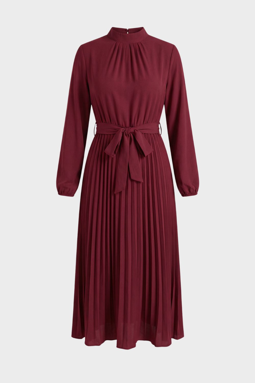 Pleated Midi Dress for Women with Long Sleeves and Belt