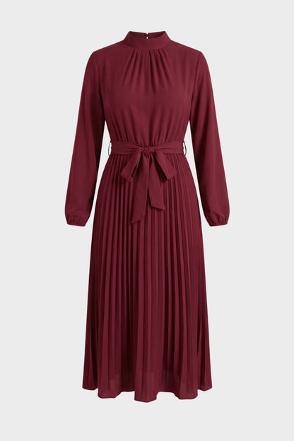 Pleated Midi Dress for Women with Long Sleeves and Belt