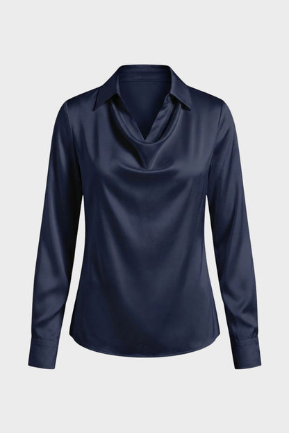 Women's Long Sleeve Waterfall Neck Blouse | Draped Front
