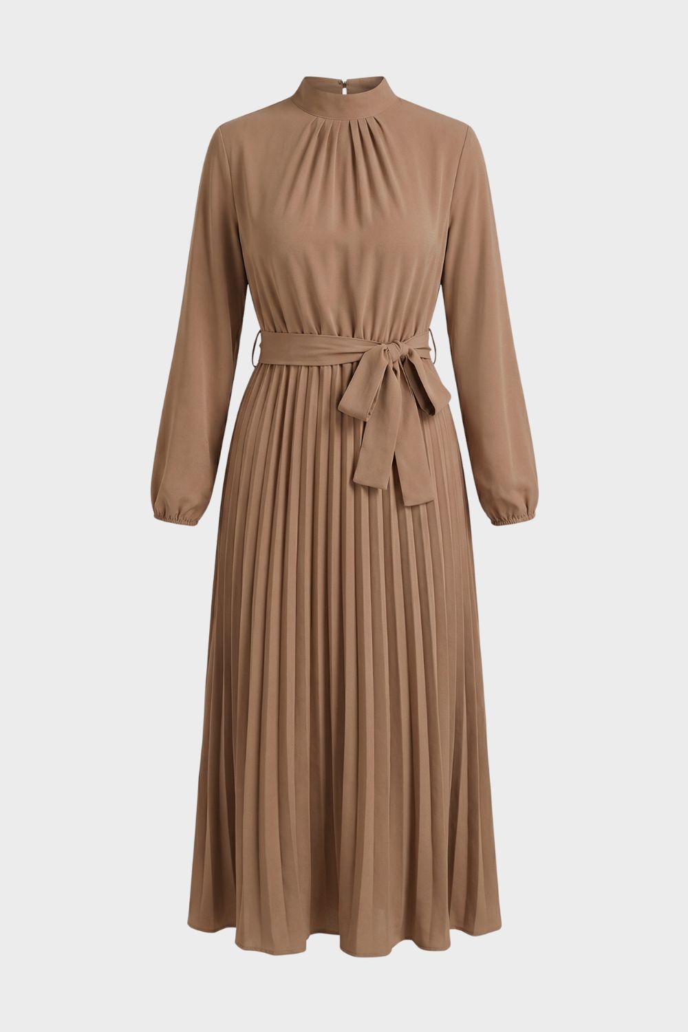 Pleated Midi Dress for Women with Long Sleeves and Belt