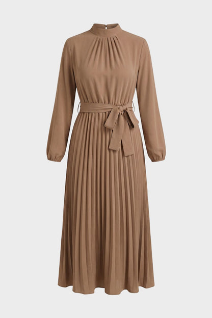 Pleated Midi Dress for Women with Long Sleeves and Belt