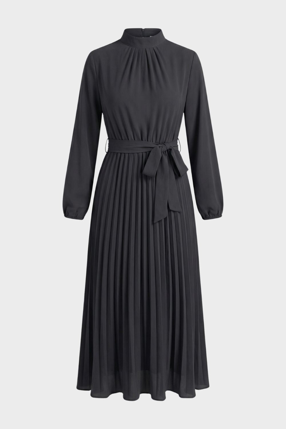 Pleated Midi Dress for Women with Long Sleeves and Belt